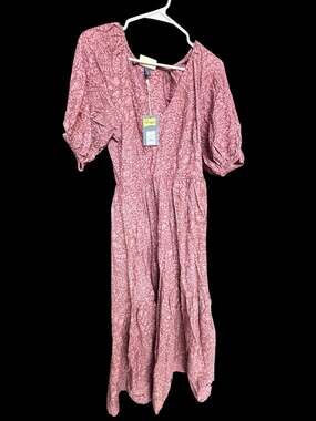 Universal Thread Women's Mauve Floral Print Puff Sleeve V-Neck Maxi Dress